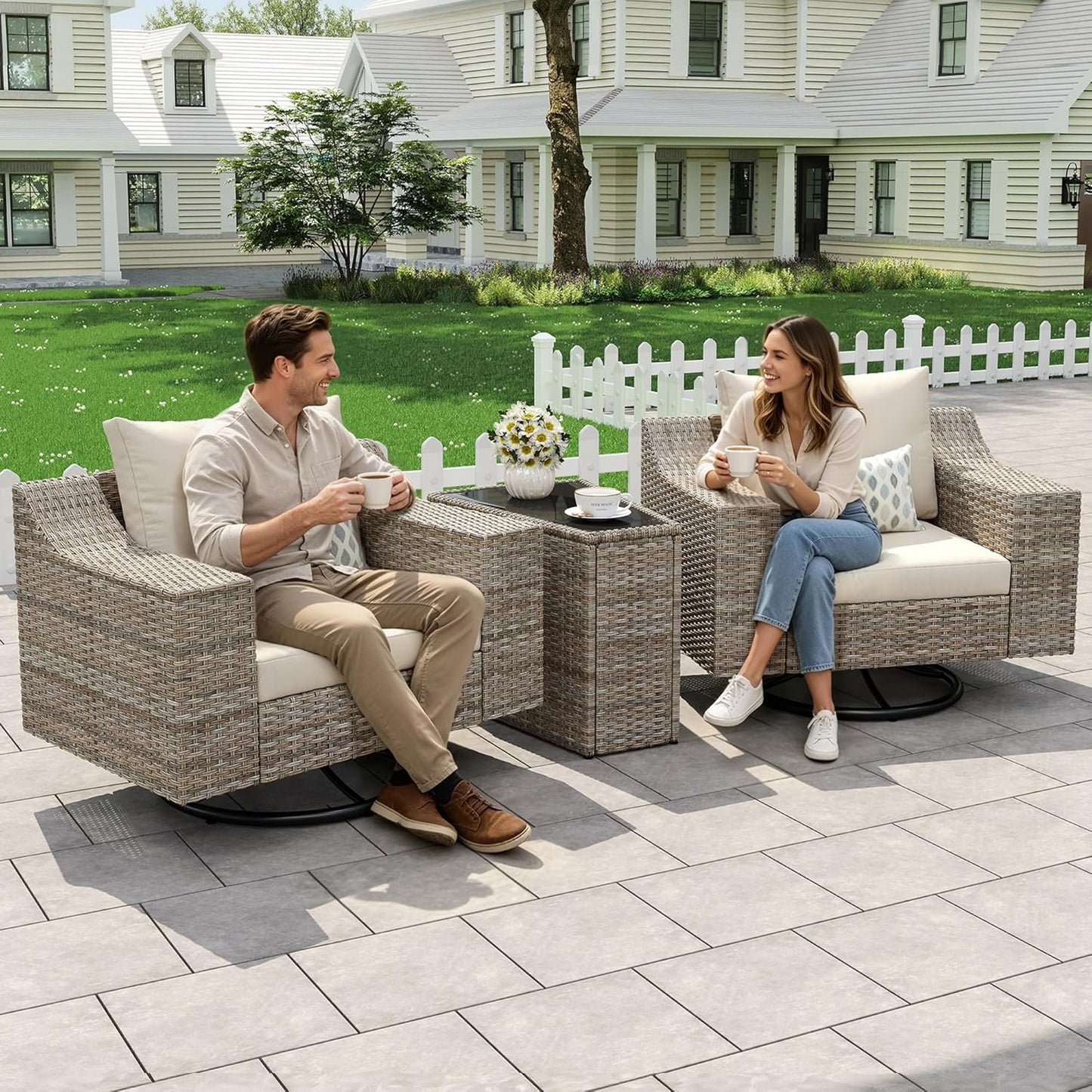Caelo Wicker Patio Sectional Set 3 PCS - Swivel Glider & Storage Table