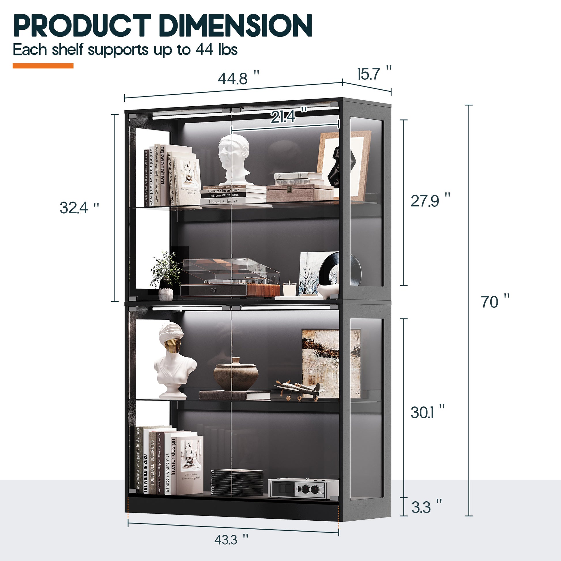 RGB Display Cabinet with Adjustable Glass Shelves Amerlife Black / 45x16x70in