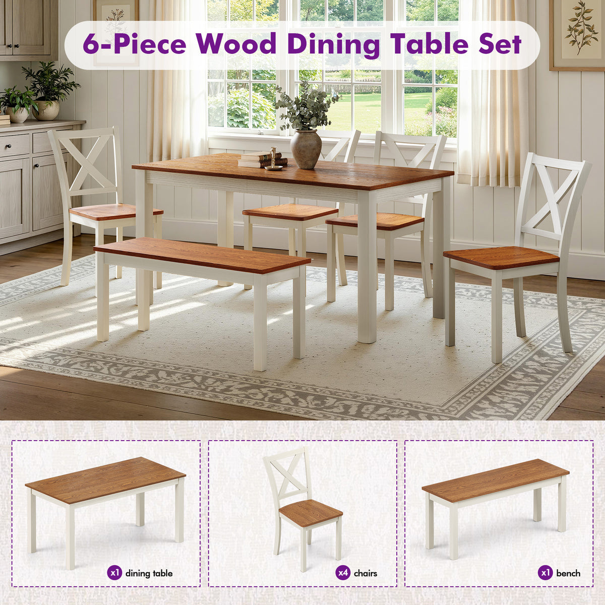 Splice 6-Piece Farmhouse Dining Table Set-W&B