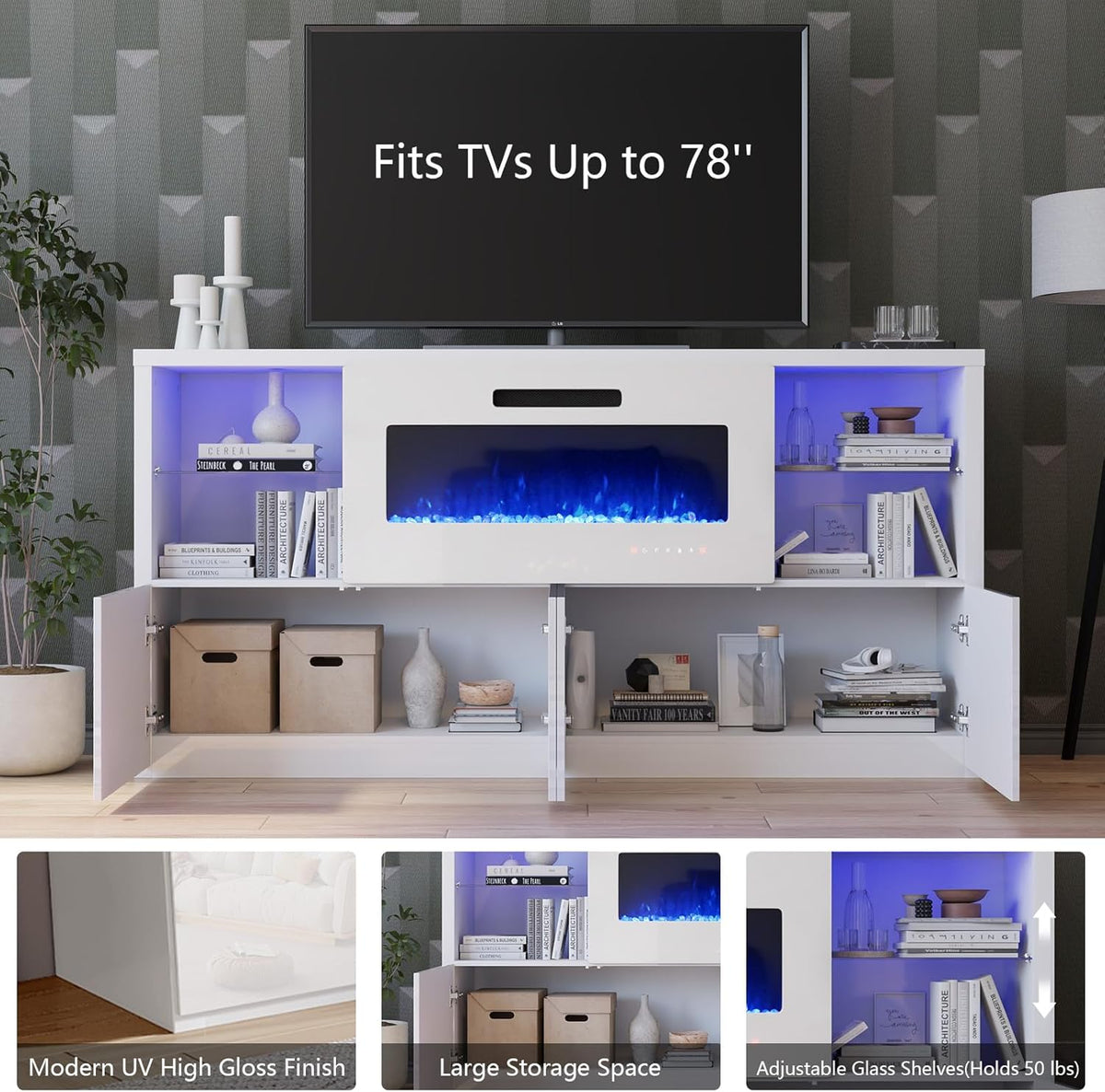 Nebula 68" Fireplace 5-Piece Living Room Set Amerlife 68“ / White