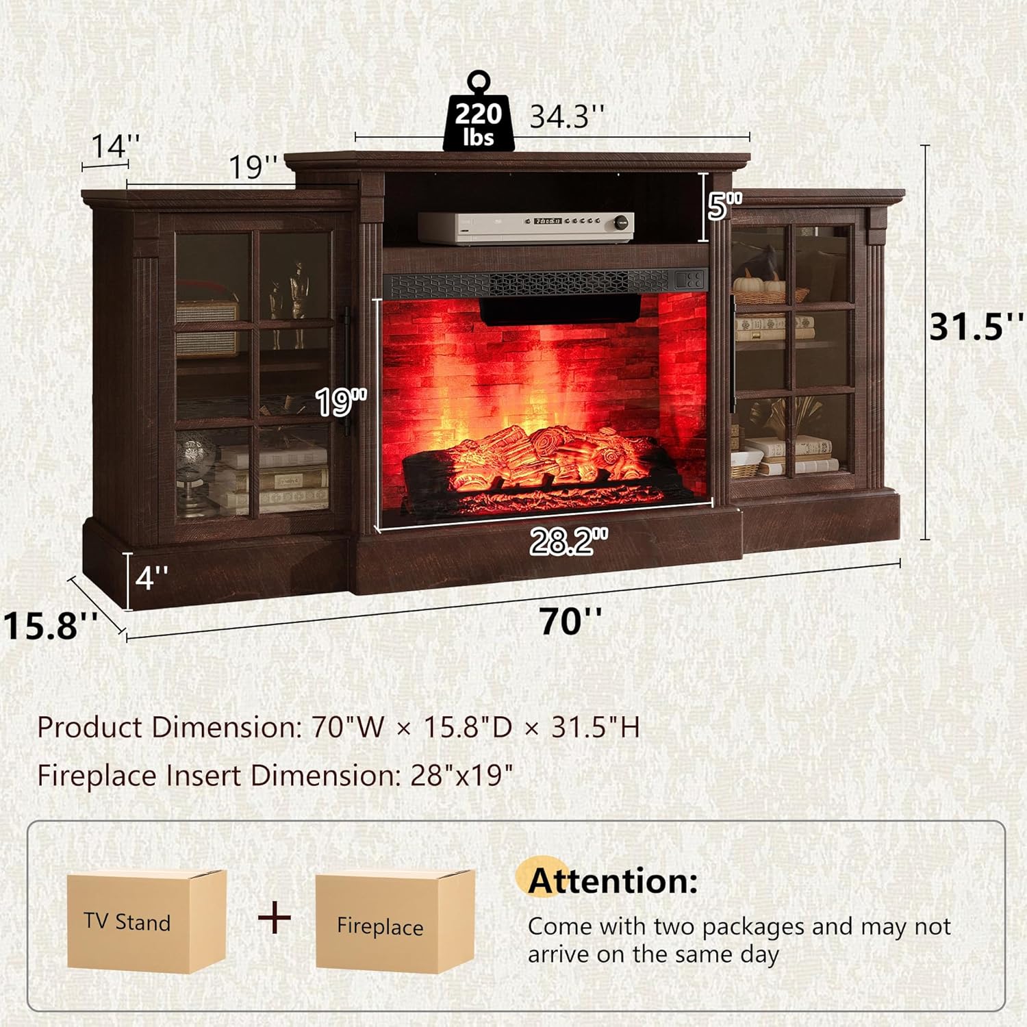 Everwood 70" Fireplace TV Stand Amerlife Rustic Brown