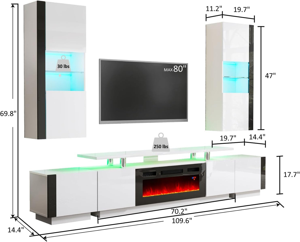Sheer Floating Fireplace TV Stand Wall Unit Amerlife 70" / White