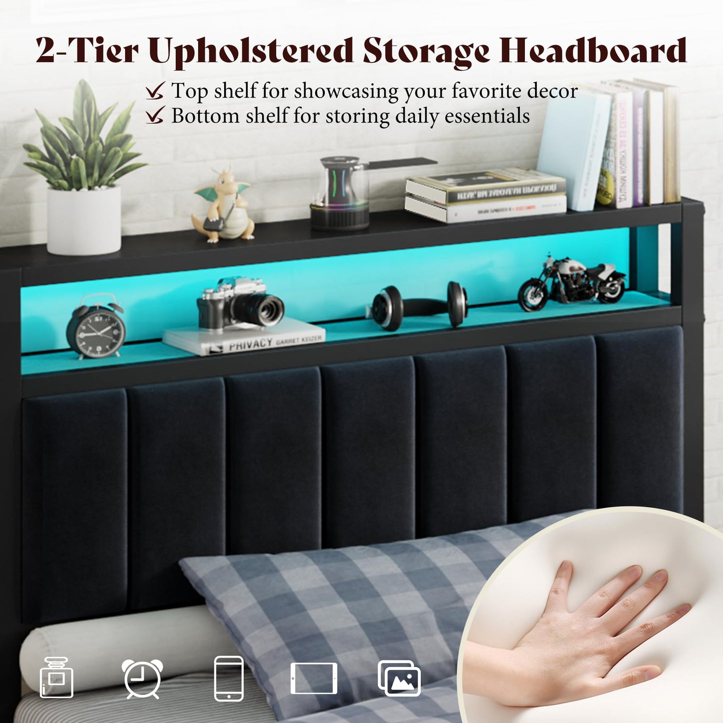 Veltrix LED Storage Velvet Bed Frame Amerlife Twin / Black