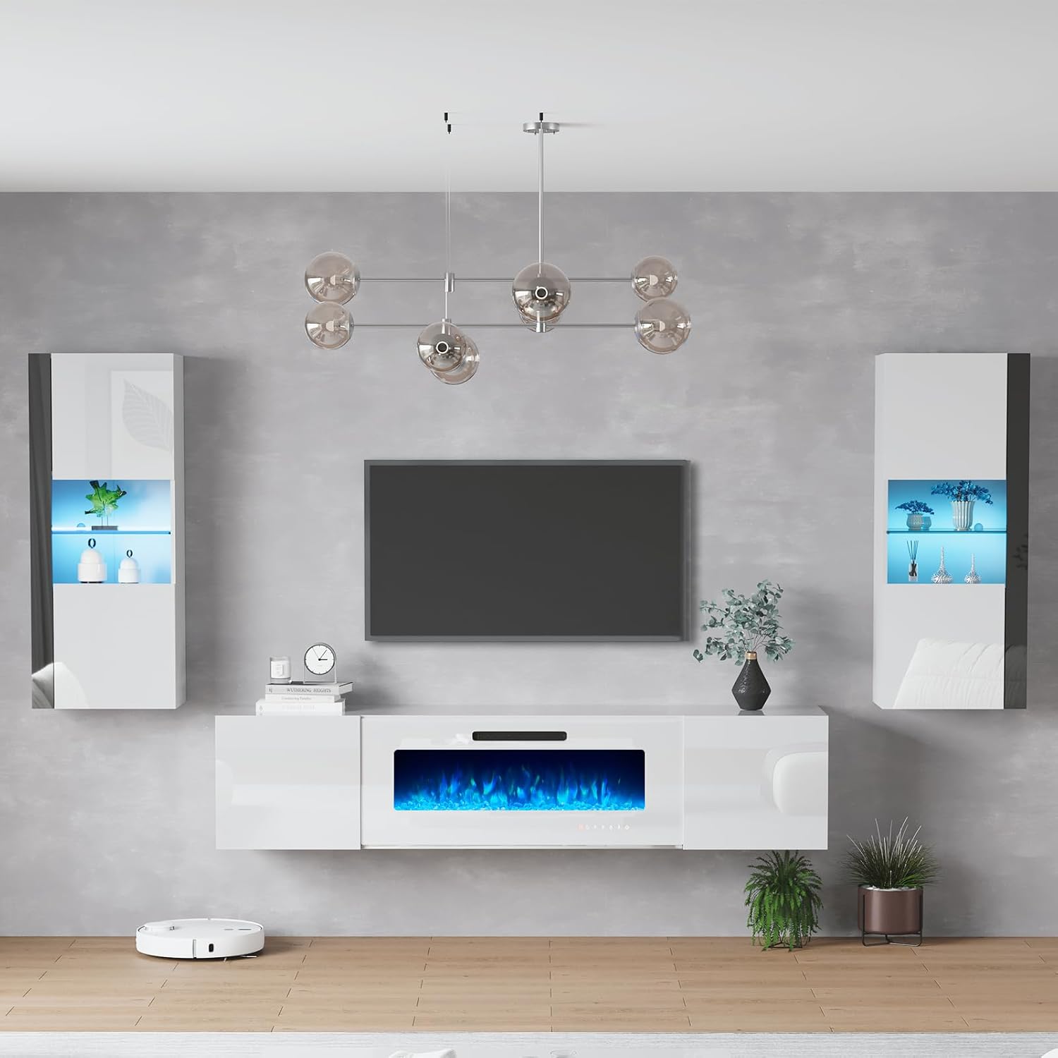 Photon Floating Fireplace TV Stand Wall Unit Amerlife 80" / All White