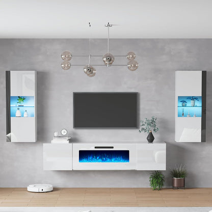 Photon Floating Fireplace TV Stand Wall Unit Amerlife 80" / All White