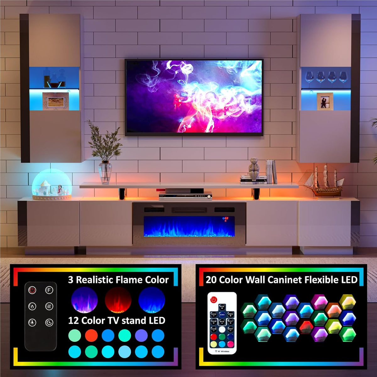 Sheer Floating Fireplace TV Stand Wall Unit Amerlife 70" / White