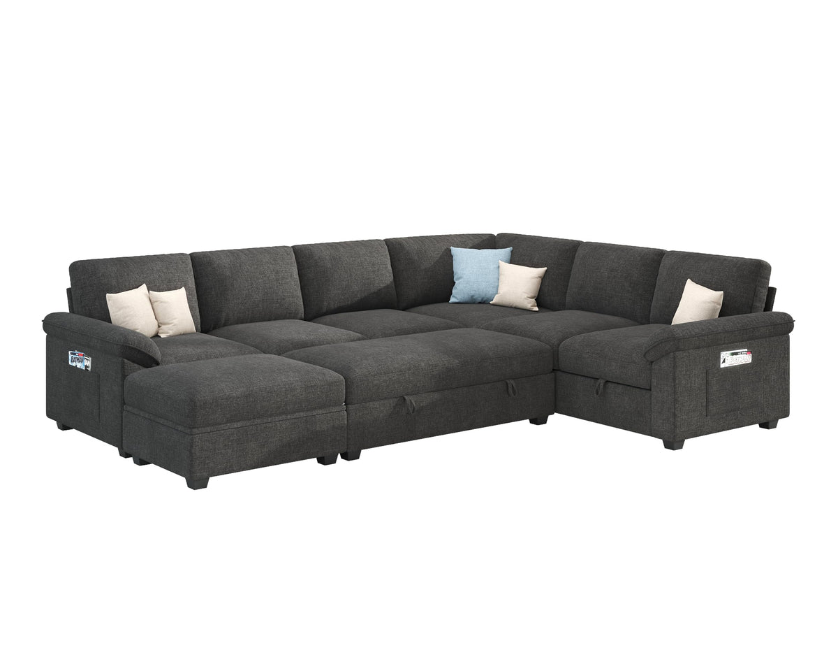 Sleeper Sectional Sofa with Pull Out Bed & Storage-105" | 7-Seater | Fixed backrest-Gray