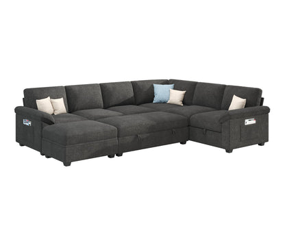Sleeper Sectional Sofa with Pull Out Bed & Storage-105" | 7-Seater | Fixed backrest-Gray