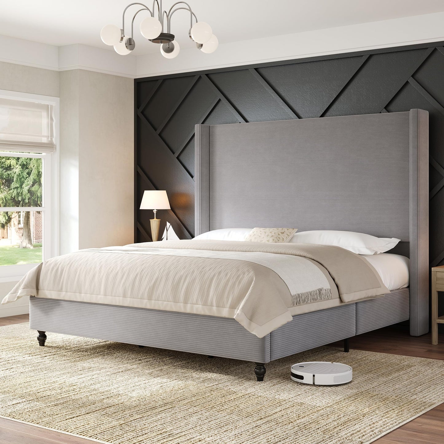 Cordelle Corduroy Wingback Bed Frame-California King-Light Grey
