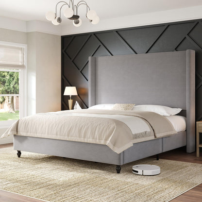 Cordelle Corduroy Wingback Bed Frame-California King-Light Grey