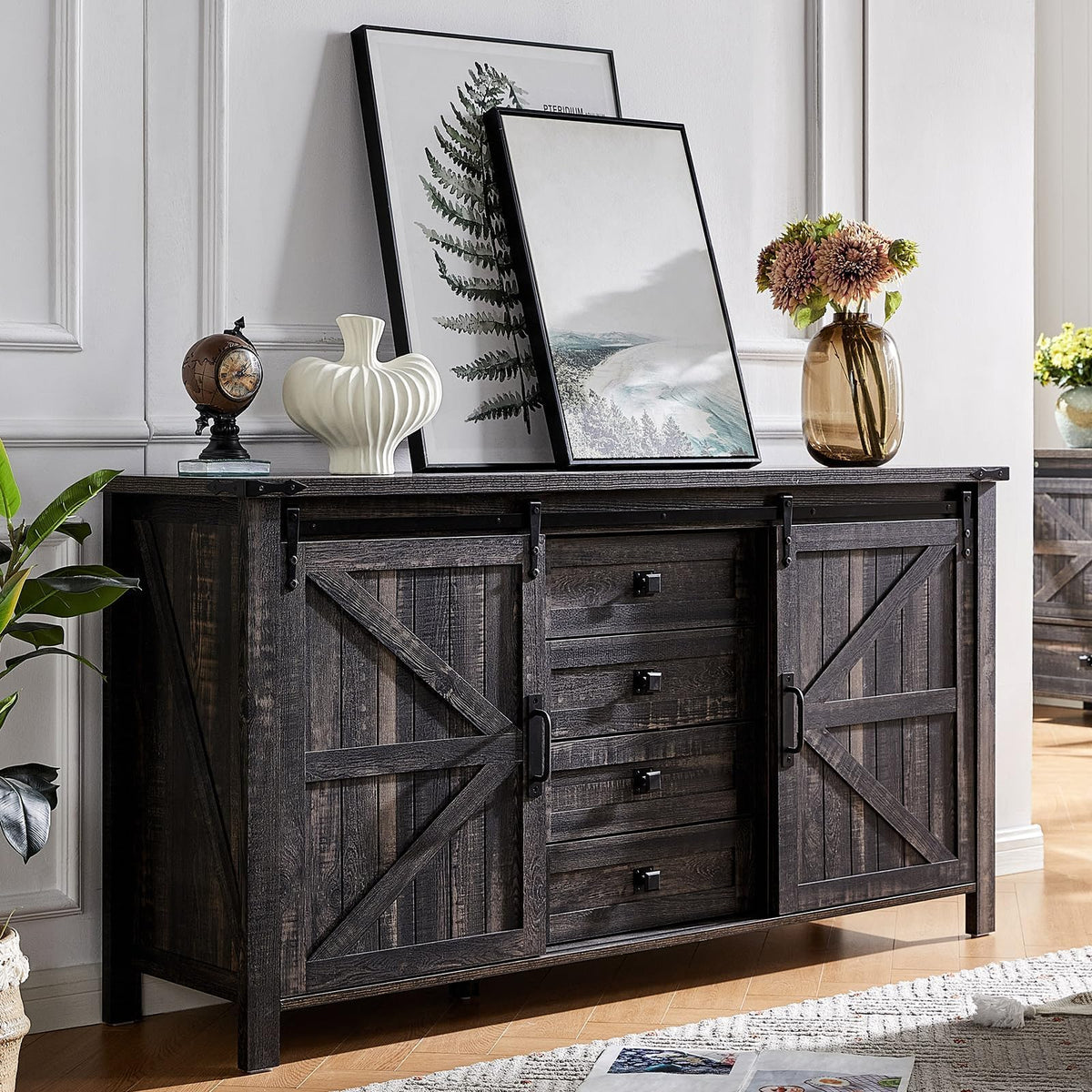 Marlowe Farmhouse Dresser with Drawers-15.8"D x 60"W x 31"H (4 Drawers)-Black Oak