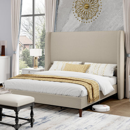 Tall Upholstered Bed Frame with Wingback Headboard-Queen-Khaki