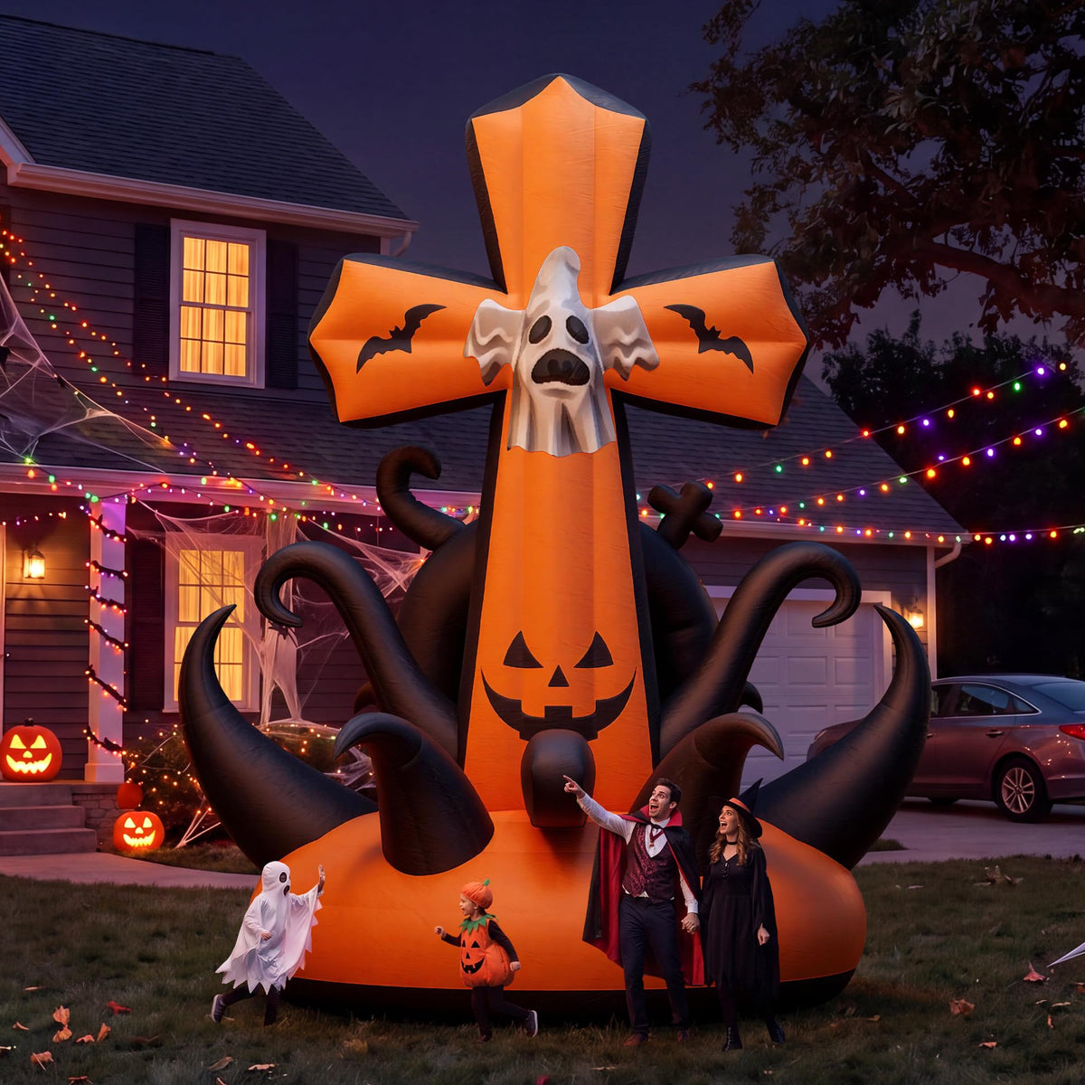 Giant Halloween Inflatable Ghost & Pumpkin-Pumpkin Cross-19.7 FT