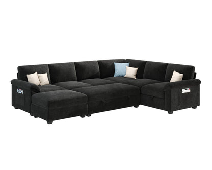 Sleeper Sectional Sofa with Pull Out Bed & Storage-105" | 7-Seater-Black