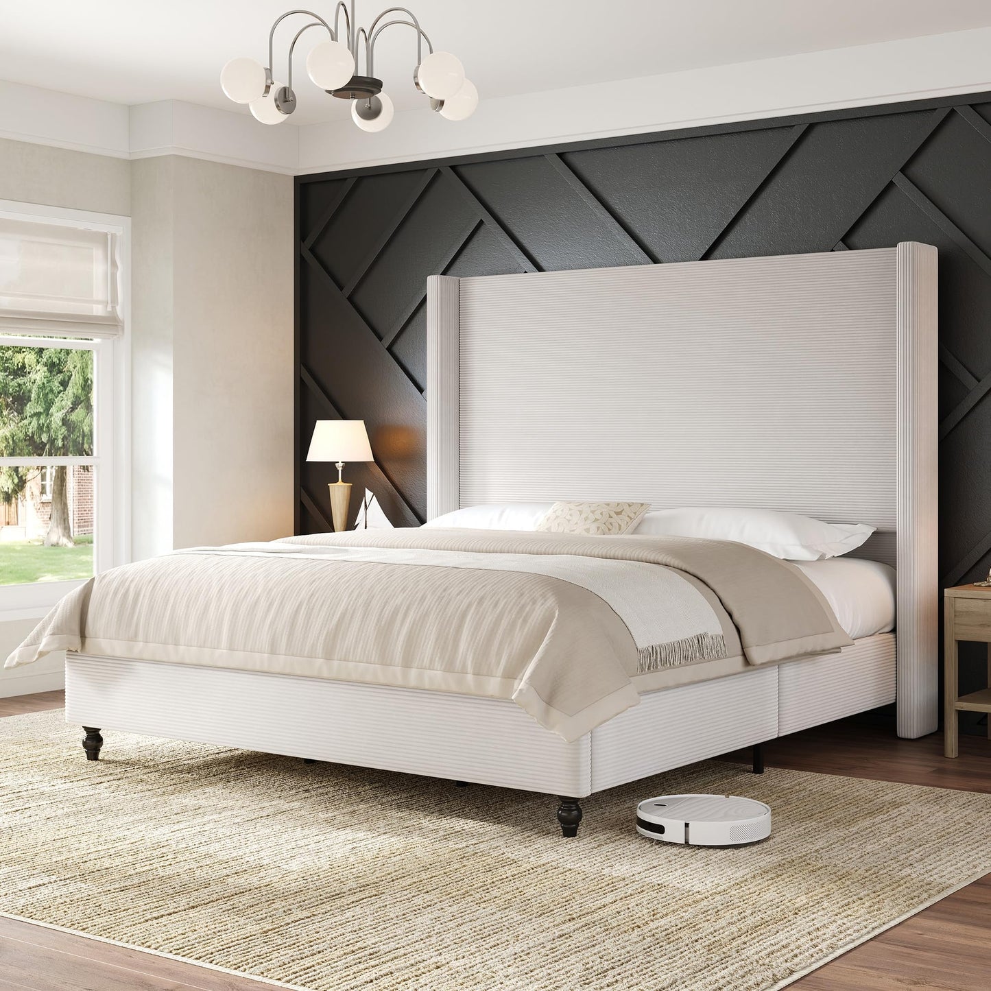 Cordelle Corduroy Wingback Bed Frame-King-Cream