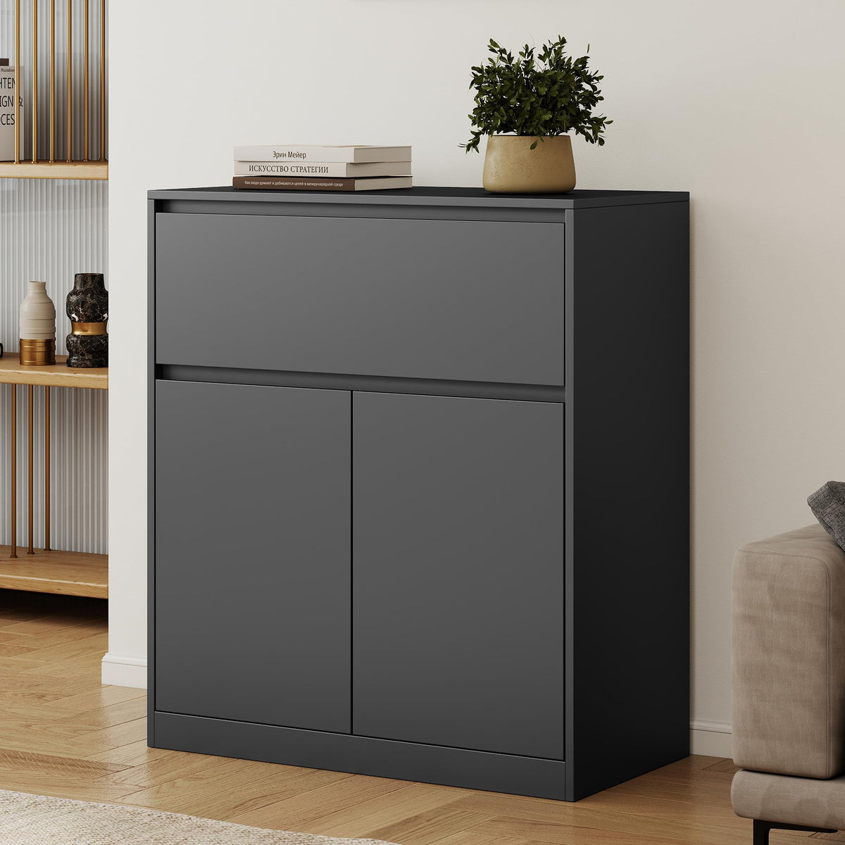 Amerlife Modular Glass Display Cabinet-2-Door & 1-Drawer Cabinet-Black