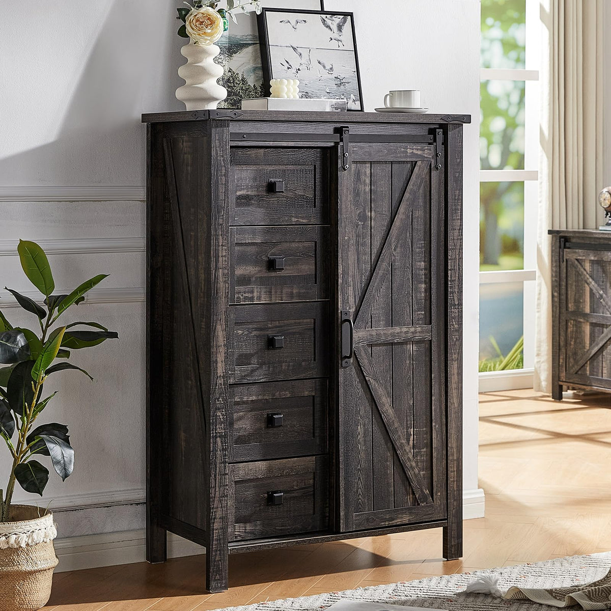 Marlowe Farmhouse Dresser with Drawers-15.8"D x 31.5"W x 48"H (5 Drawers)-Black Oak