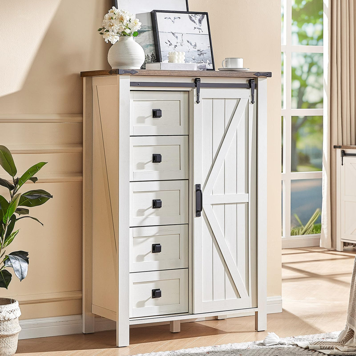 Marlowe Farmhouse Dresser with Drawers-15.8"D x 31.5"W x 48"H (5 Drawers)-Distressed White
