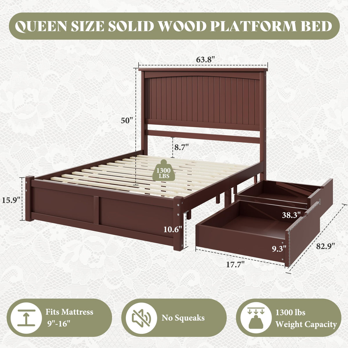 Solid Wood Platform Bed Frame-Queen-Espresso Brown