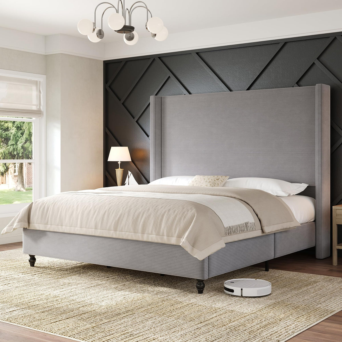 Cordelle Corduroy Wingback Bed Frame-King-Light Grey