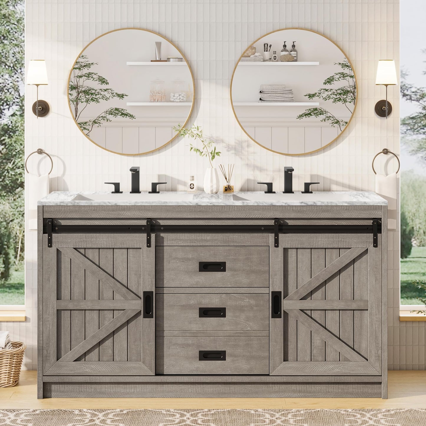Bourbon Sliding Barn Vanity 60 inch Light Grey