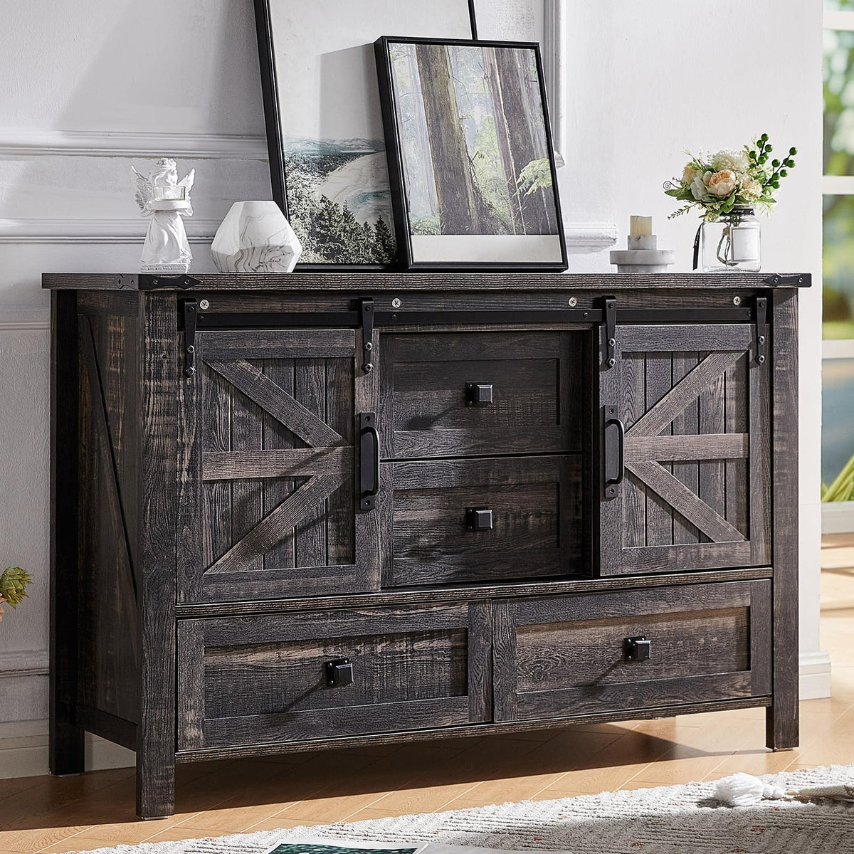 Marlowe Farmhouse Dresser with Drawers-15.8"D x 47"W x 31"H (4 Drawers)-Black Oak