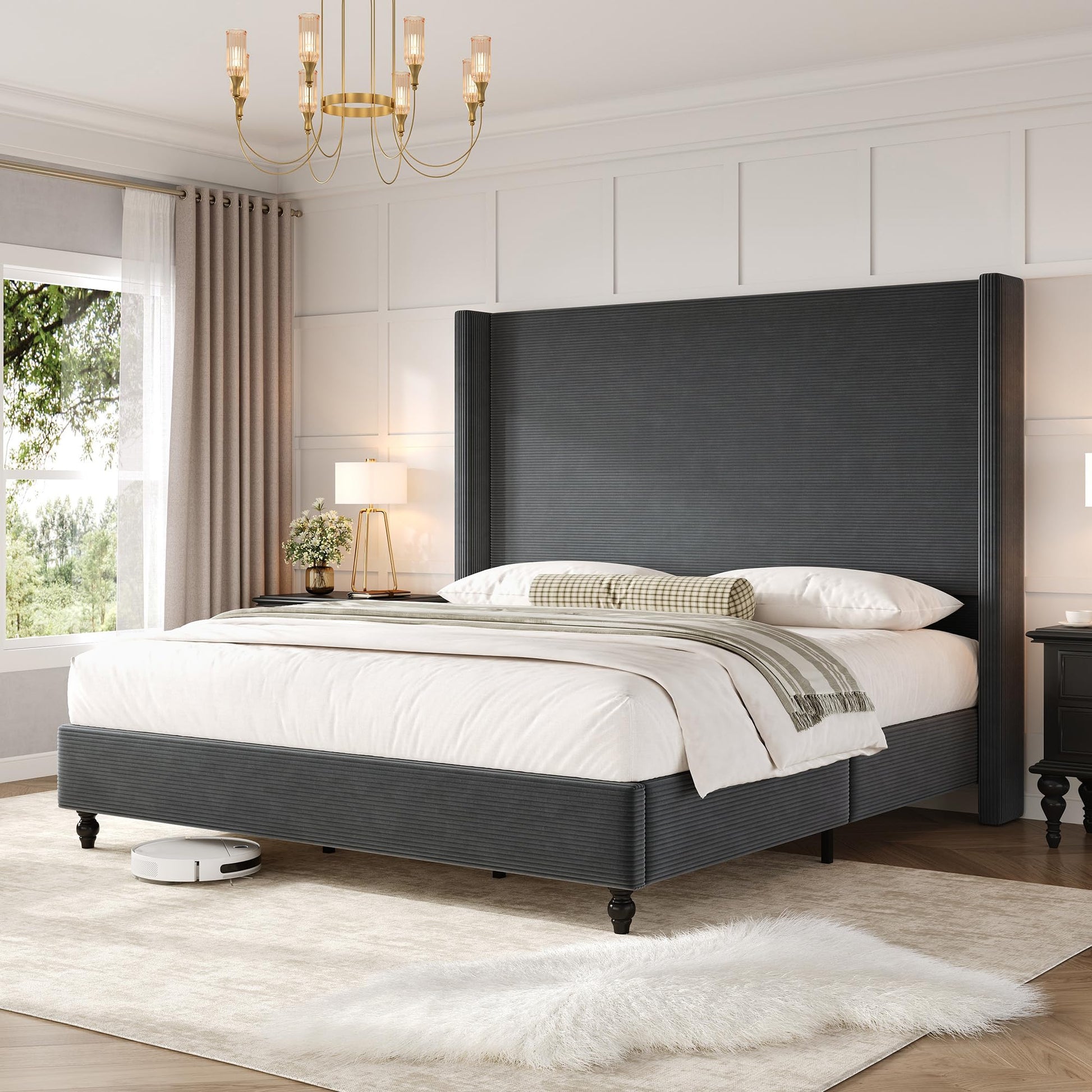 Cordelle Corduroy Wingback Bed Frame-California King-Dark Grey