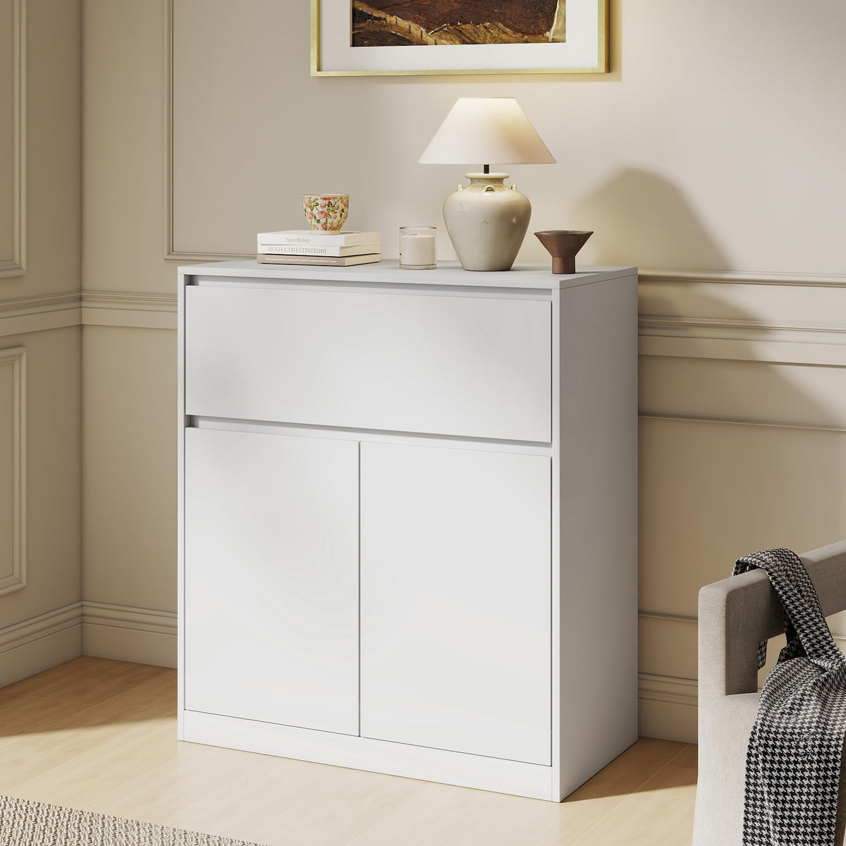 Amerlife Modular Glass Display Cabinet-2-Door & 1-Drawer Cabinet-White