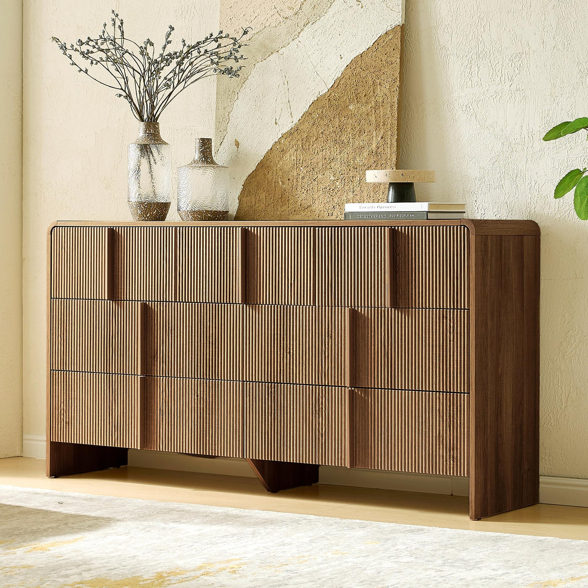 Garyon Fluted 7-Drawer Wide Dresser-Dark Walnut