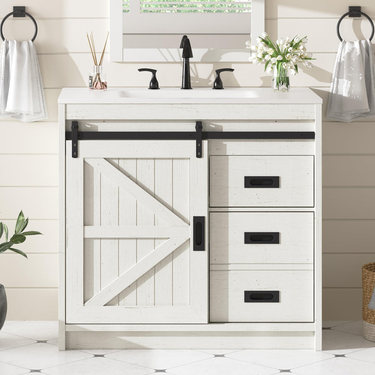 Bourbon Sliding Barn Vanity 36 inch Rustic White