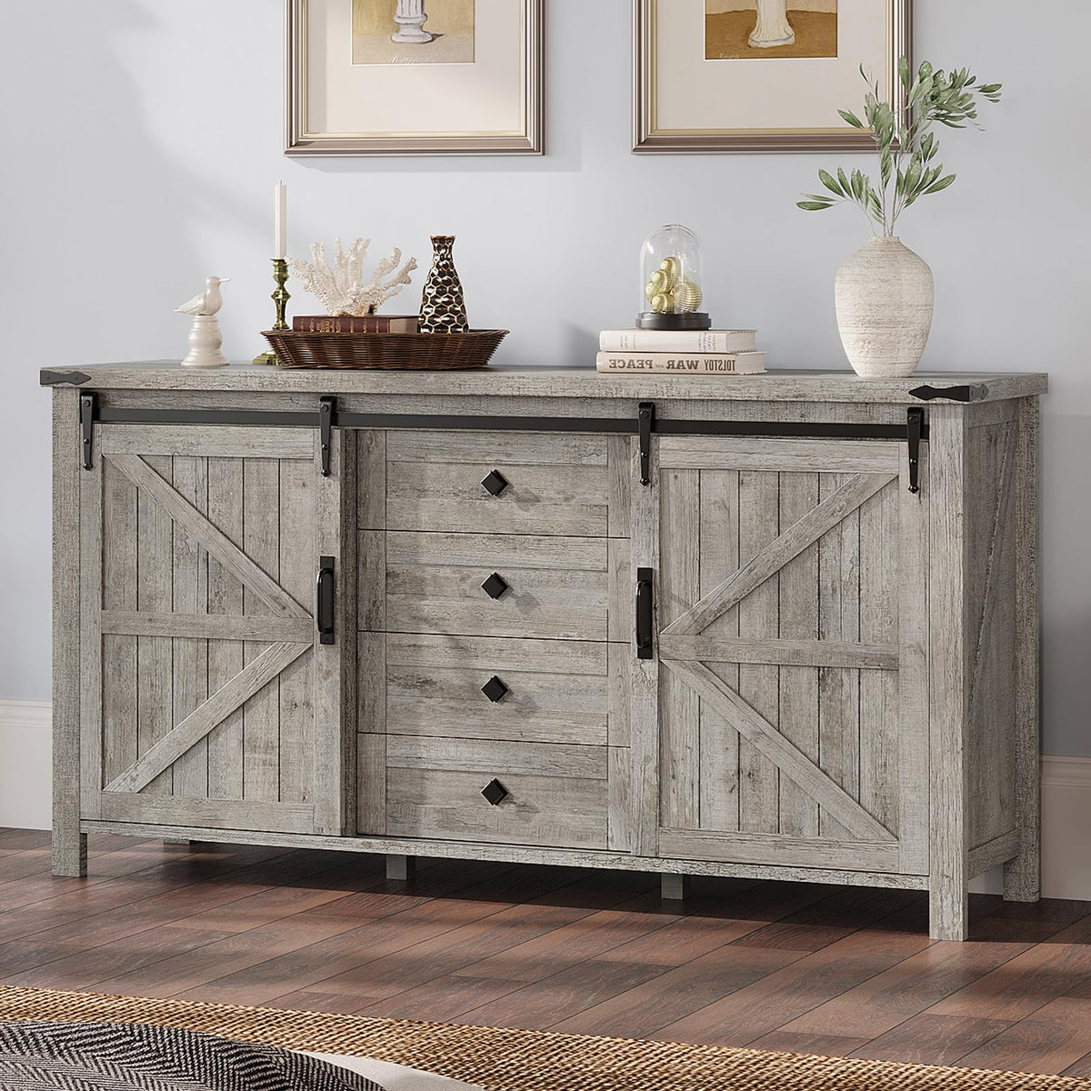 Marlowe Farmhouse Dresser with Drawers-15.8"D x 60"W x 31"H (4 Drawers)-Light Rustic Oak