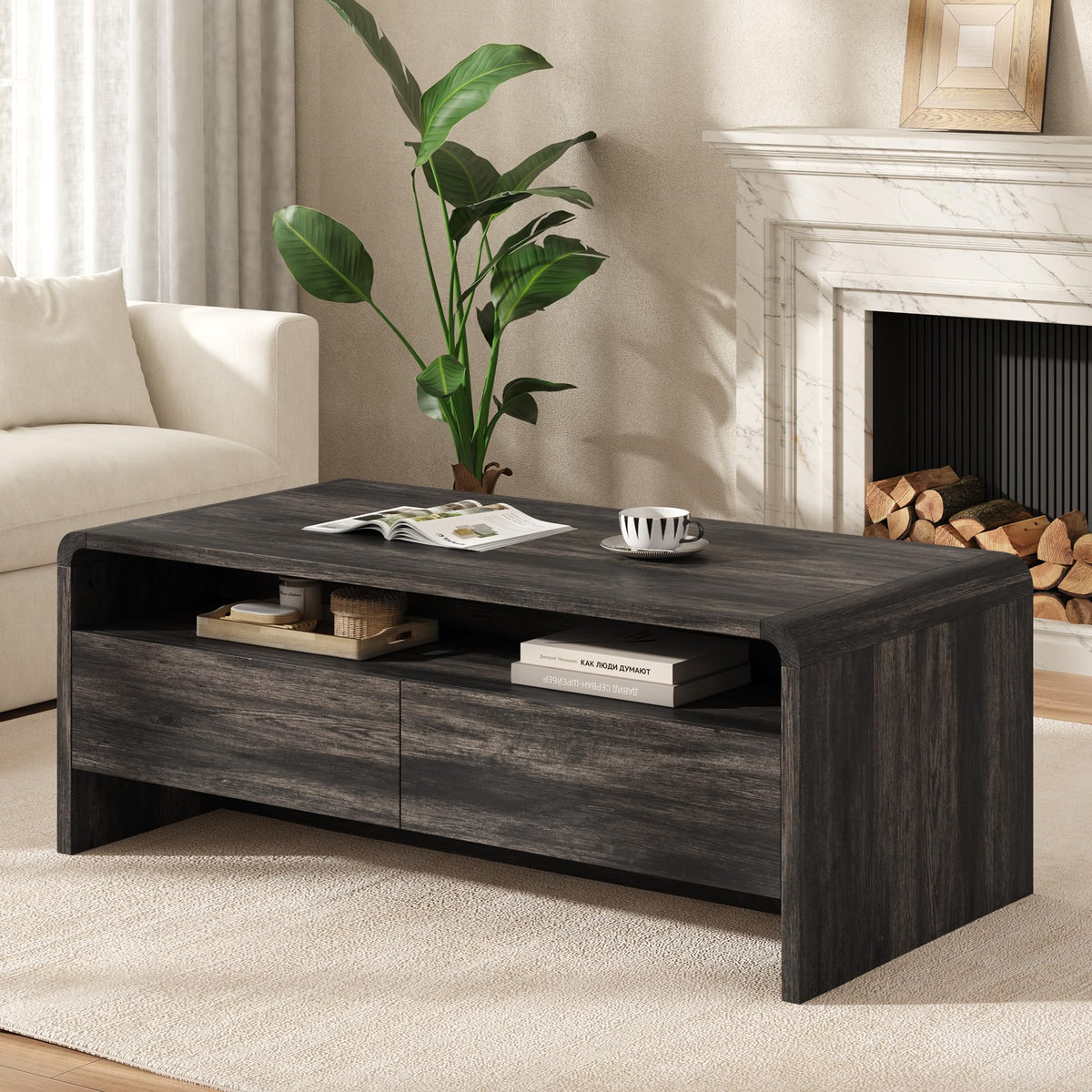 Modern Wood Grain Coffee Table with Drawers-Black-Flat