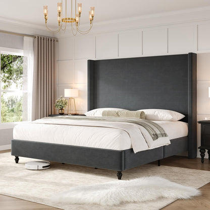 Cordelle Corduroy Wingback Bed Frame-Queen-Dark Grey
