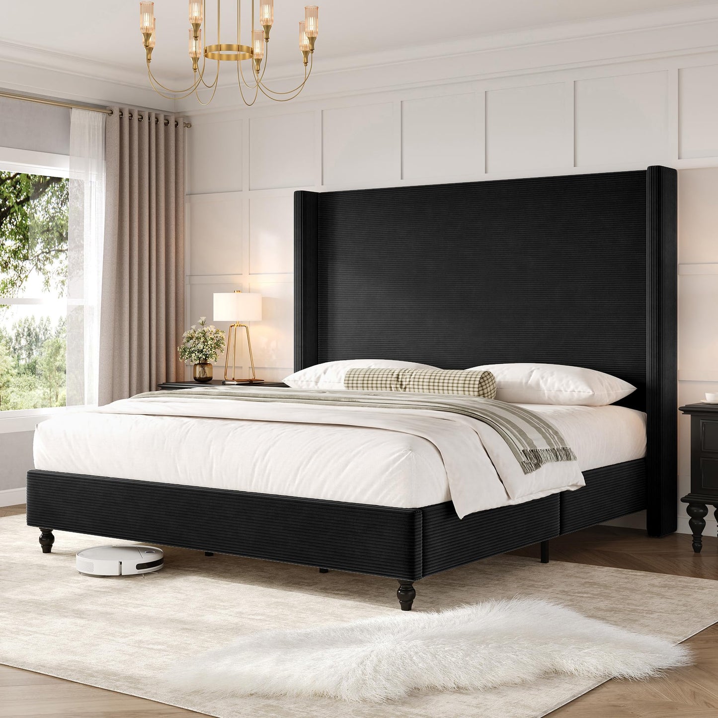 Cordelle Corduroy Wingback Bed Frame-California King-Black