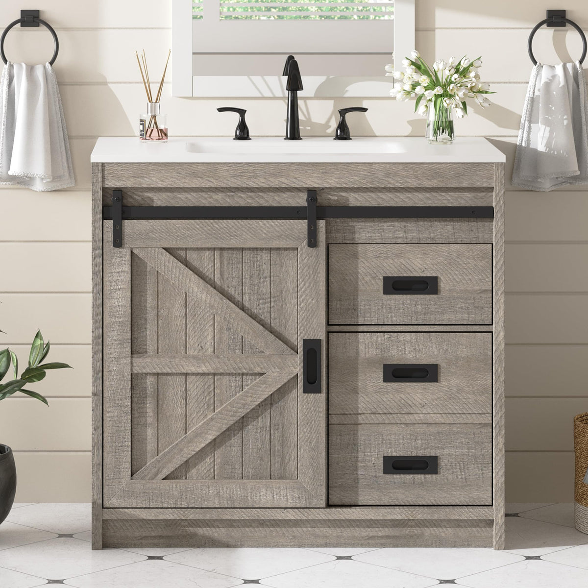 Bourbon Sliding Barn Vanity 36 inch Light Grey