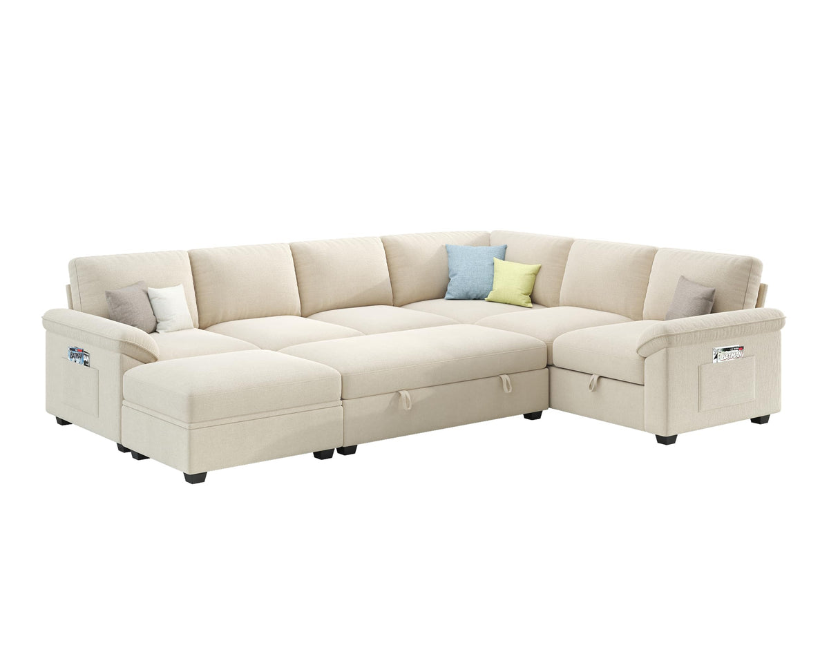 Sleeper Sectional Sofa with Pull Out Bed & Storage-105" | 7-Seater-Beige