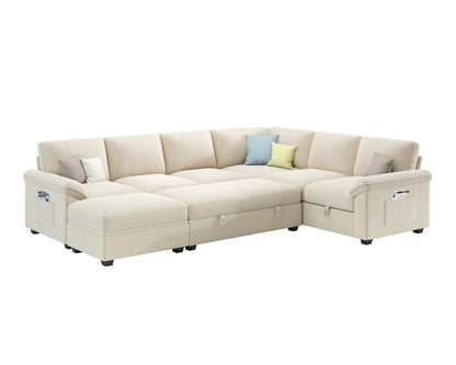 Sleeper Sectional Sofa with Pull Out Bed & Storage-105" | 7-Seater-Beige