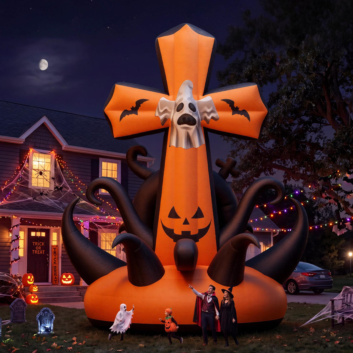 Giant Halloween Inflatable Ghost & Pumpkin-Pumpkin Cross-32.8 FT