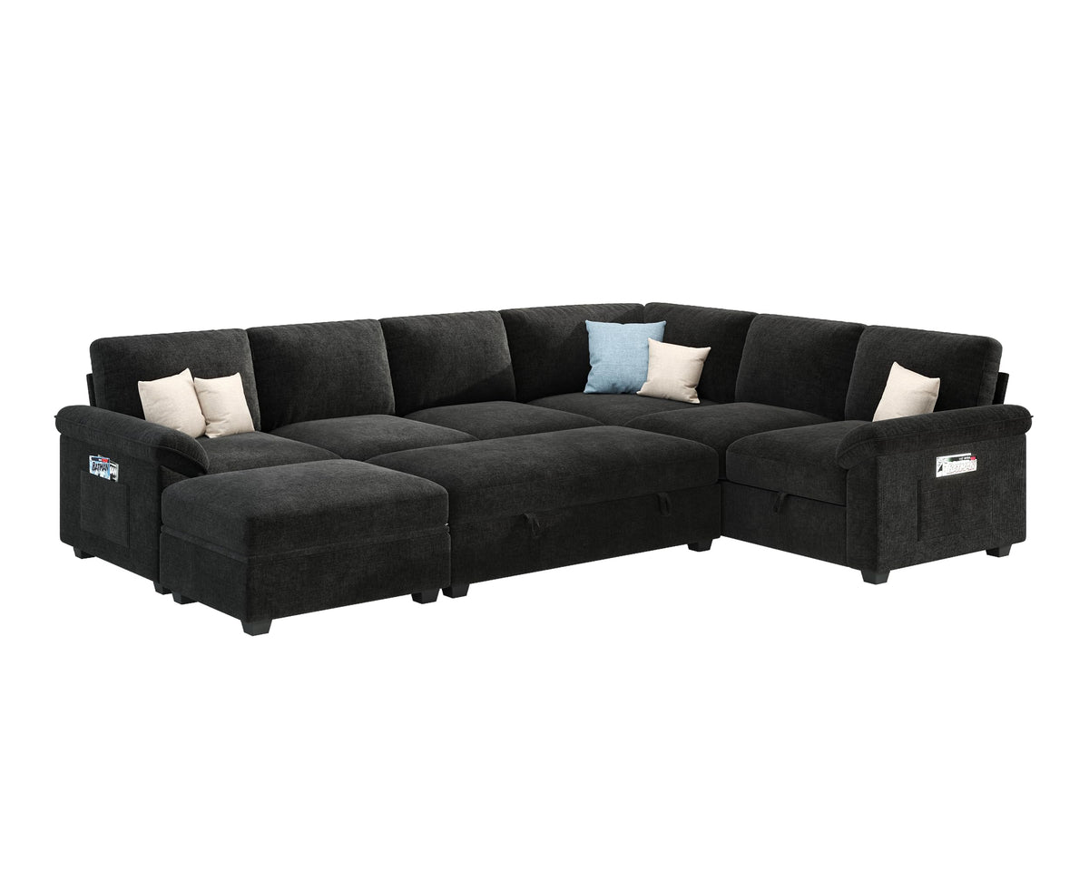 Sleeper Sectional Sofa with Pull Out Bed & Storage-105" | 7-Seater | Fixed backrest-Black