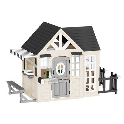 Wooden Outdoor Playhouse for Kids with Kitchen-Beige-98.8" L x 51.6" W x 64.6" H