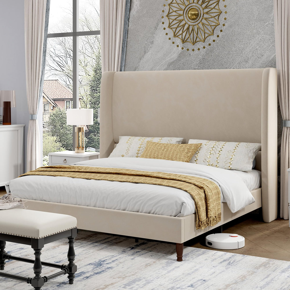 Tall Upholstered Bed Frame with Wingback Headboard-Full-Off-white