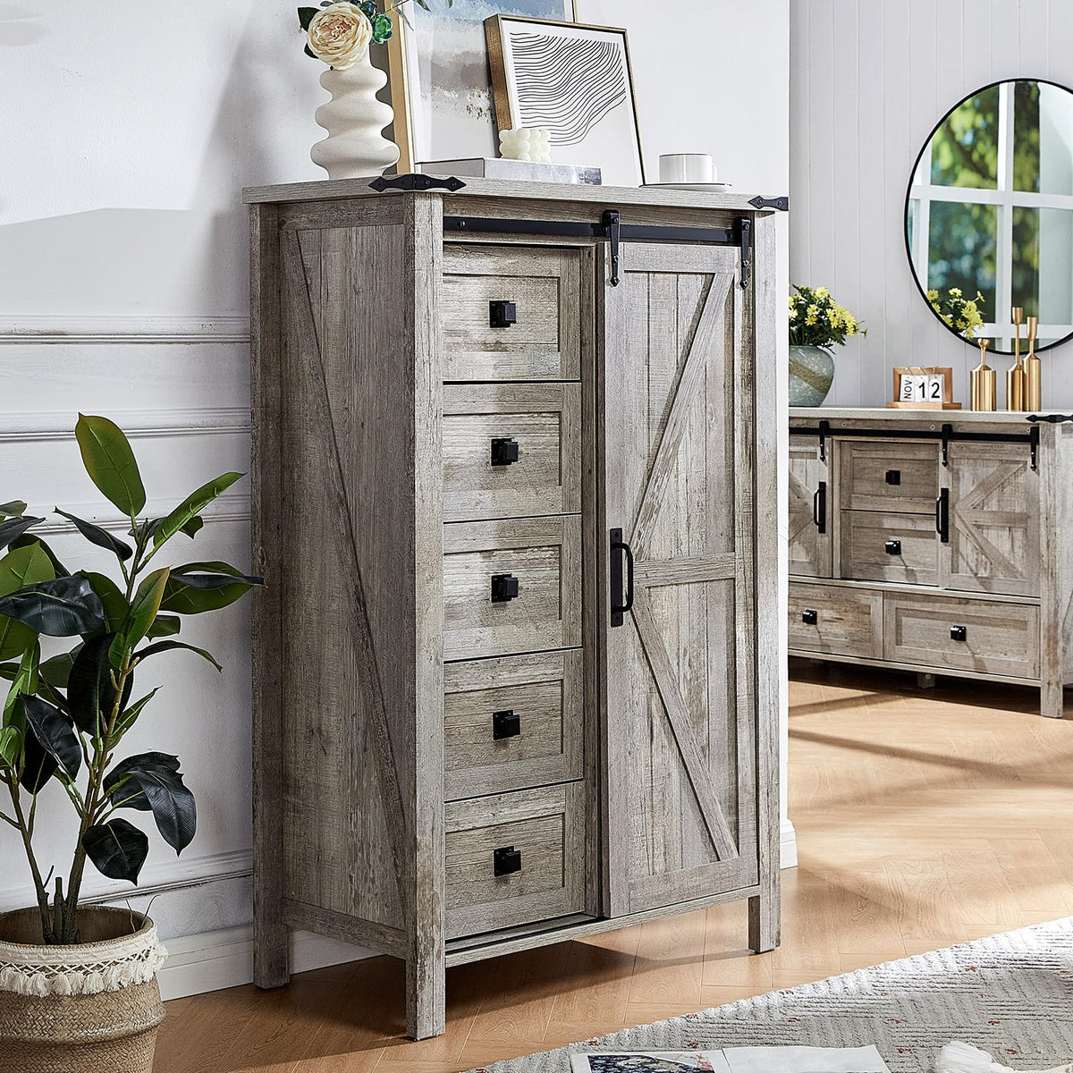 Marlowe Farmhouse Dresser with Drawers-15.8"D x 31.5"W x 48"H (5 Drawers)-Light Rustic Oak