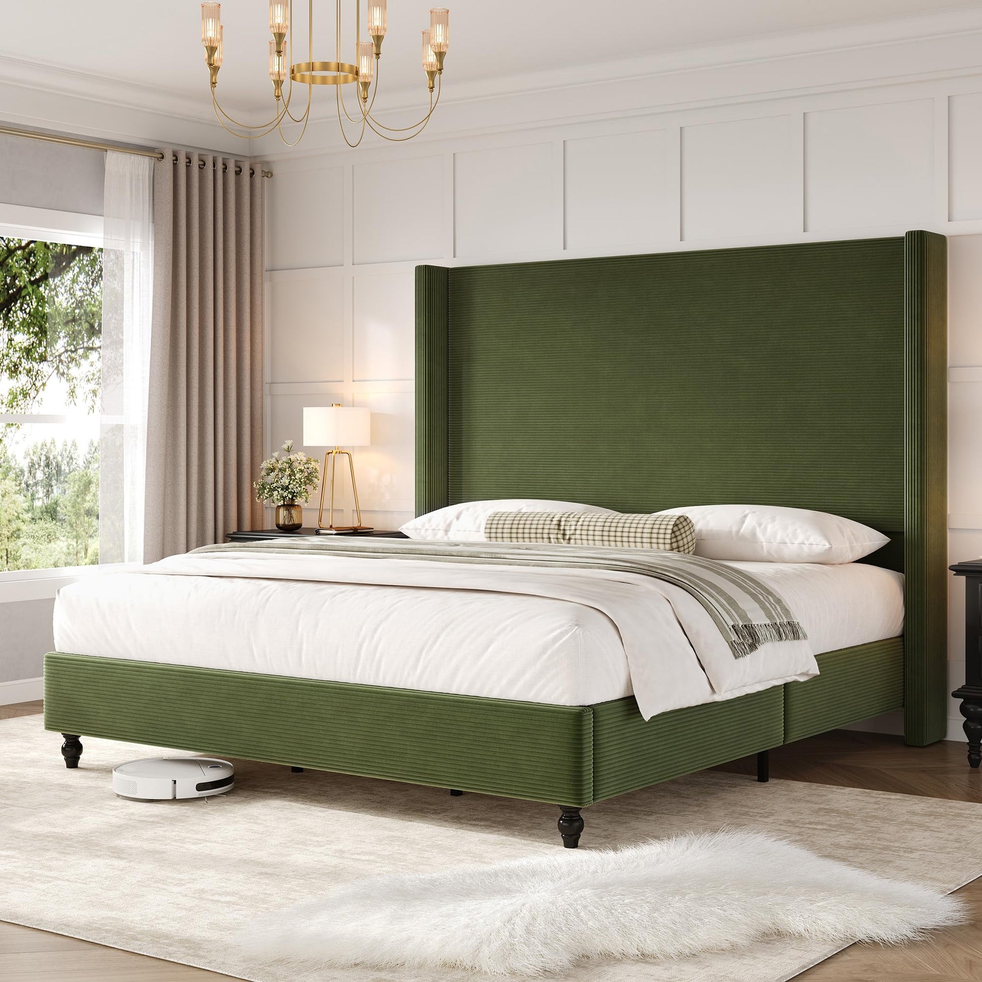 Cordelle Corduroy Wingback Bed Frame-King-Green