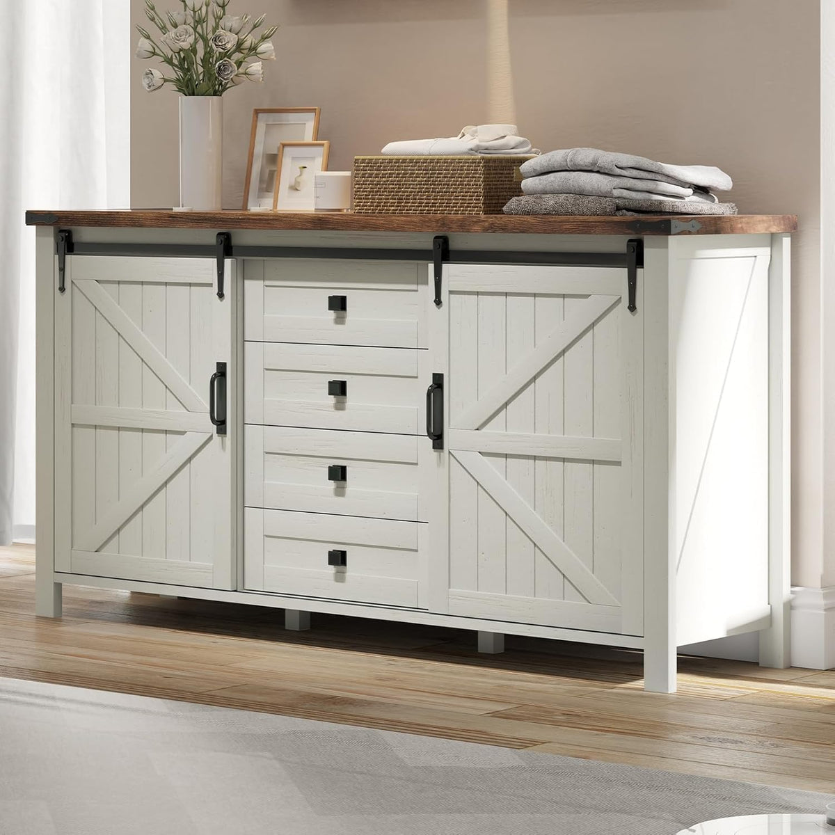 Marlowe Farmhouse Dresser with Drawers-15.8"D x 60"W x 31"H (4 Drawers)-Distressed White