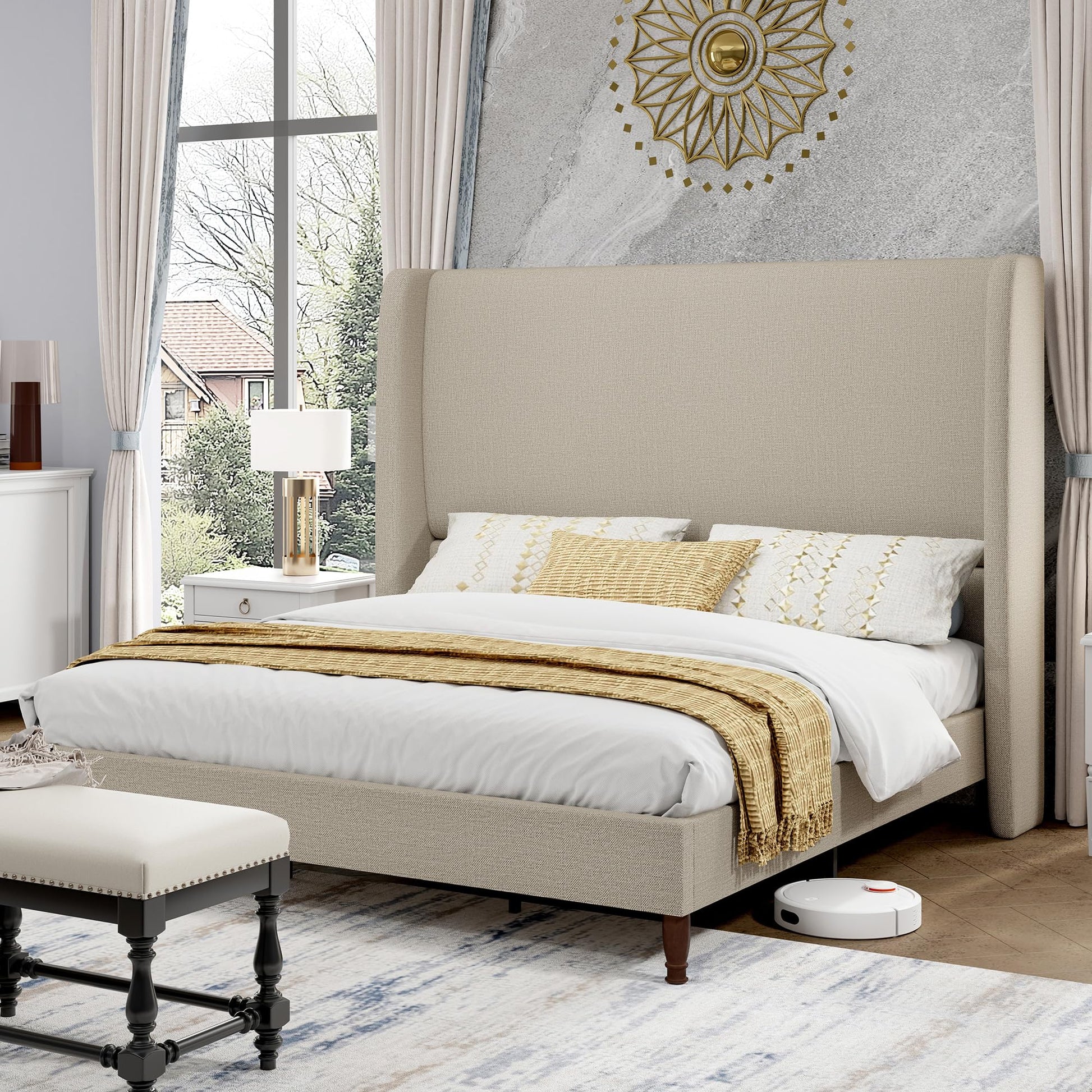 Tall Upholstered Bed Frame with Wingback Headboard-Full-Khaki
