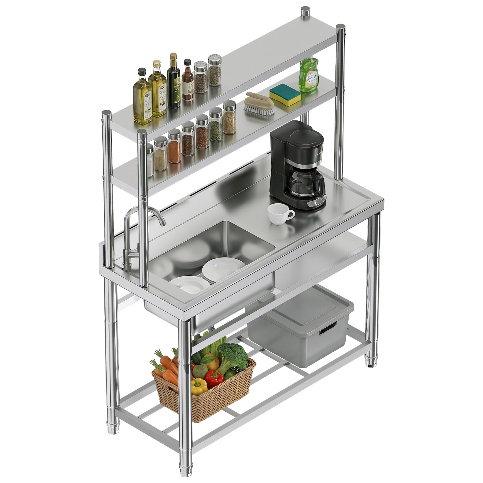 Plinth Stainless Steel Utility Sink with Faucet & Storage-Plinth Stainless Steel Utility Sink with Faucet & Storage-Single Bowl with Right Worktop