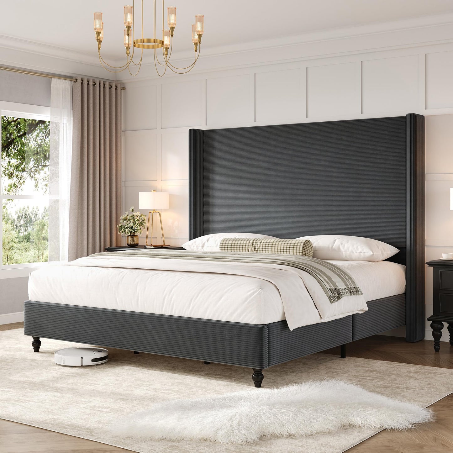 Cordelle Corduroy Wingback Bed Frame-King-Dark Grey