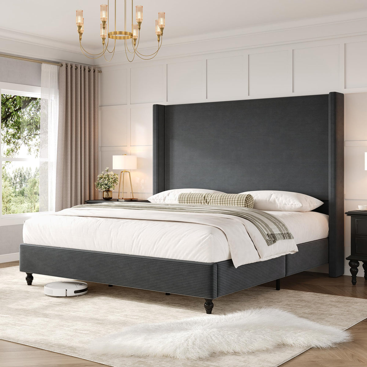 Cordelle Corduroy Wingback Bed Frame-King-Dark Grey