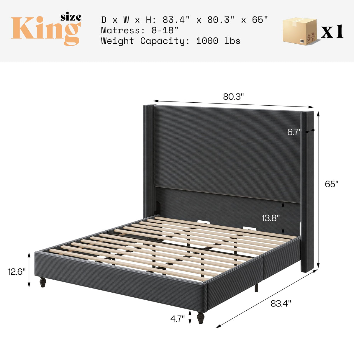 Cordelle Corduroy Wingback Bed Frame-King-Dark Grey
