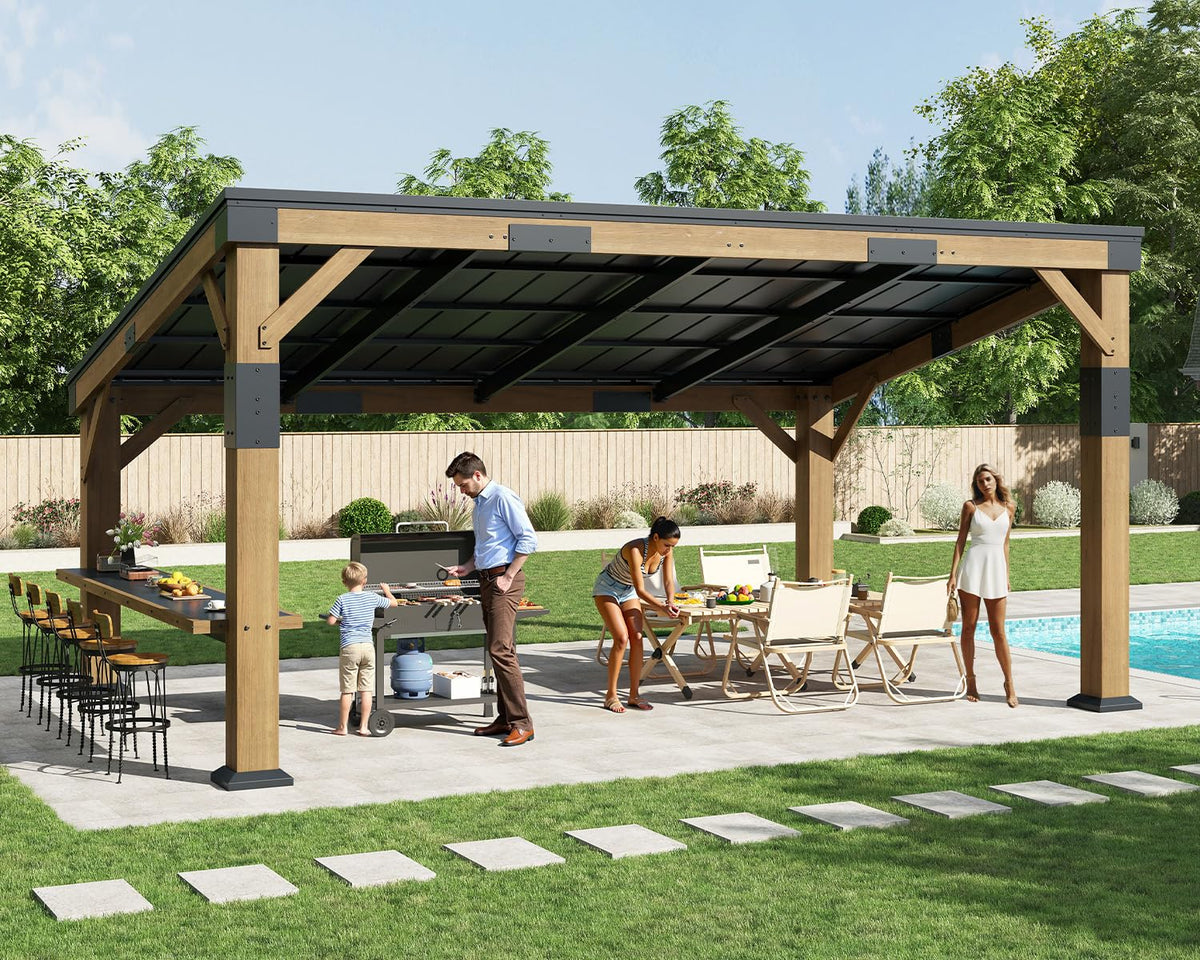 Koda Wood Grill Gazebo with Bar Shelf-10x14ft-Brown